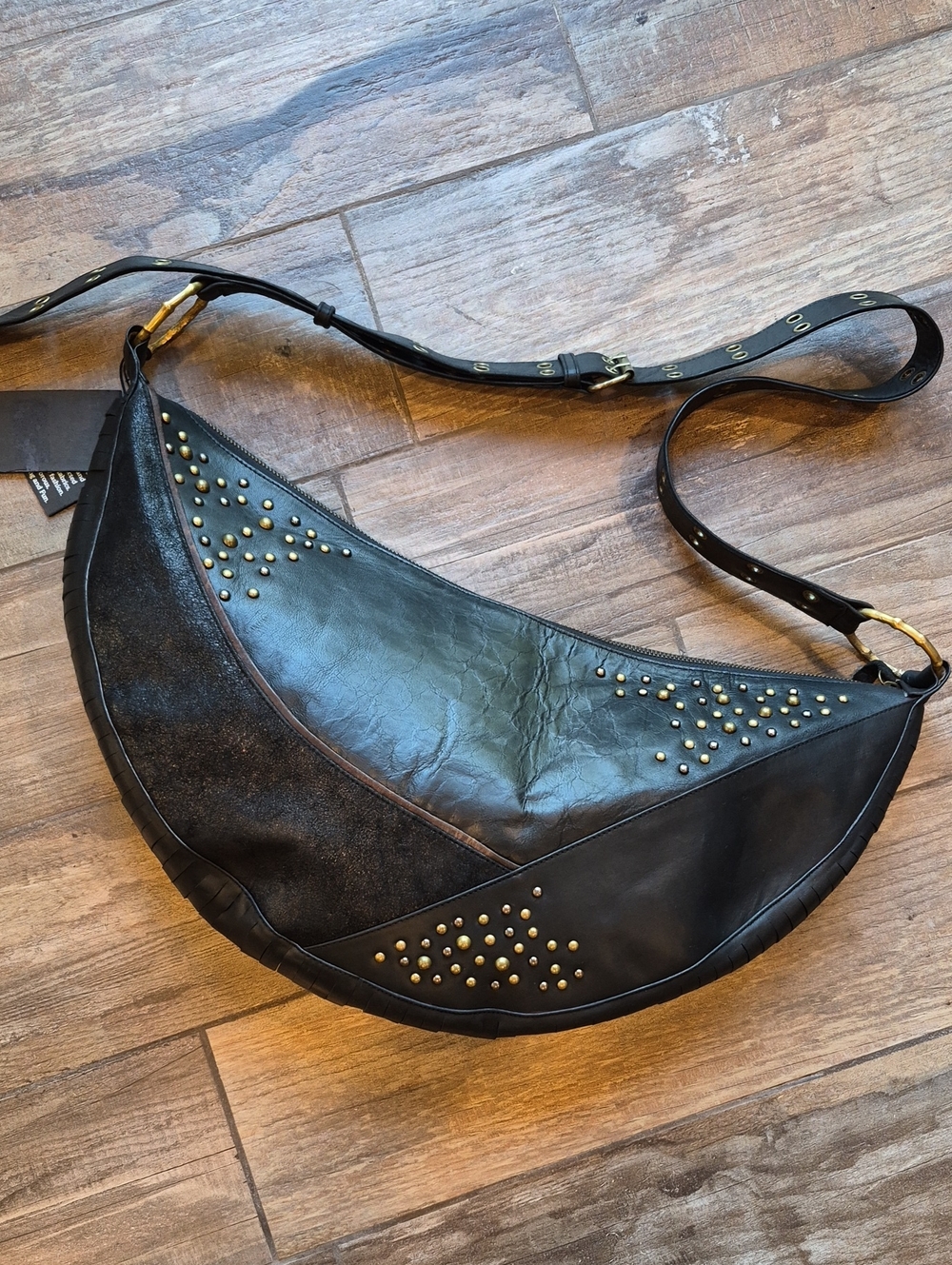 Genuine Black Leather Studded Detail Adjustable Length Shoulder Crossbody Bag